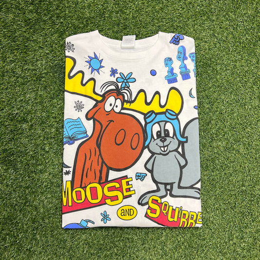 1993 The adventures of Rocky and Bullwinkle and Friends Moose and Squirrel AOP tee wild oats tag Size Large USED v12149