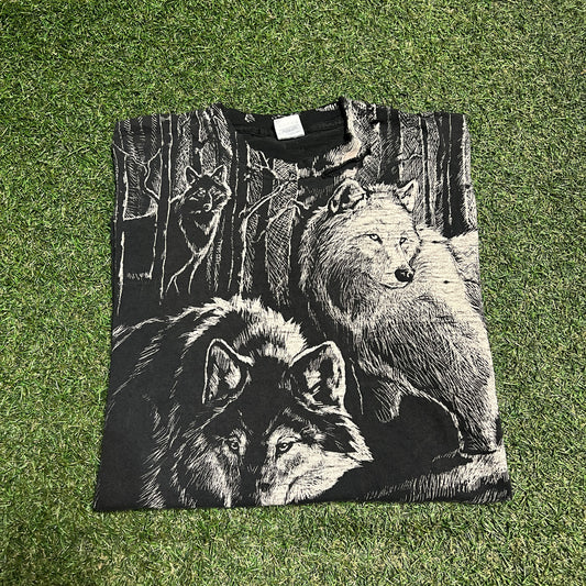 Nature Black AOP Wolves Tee Size XL USED v15354
