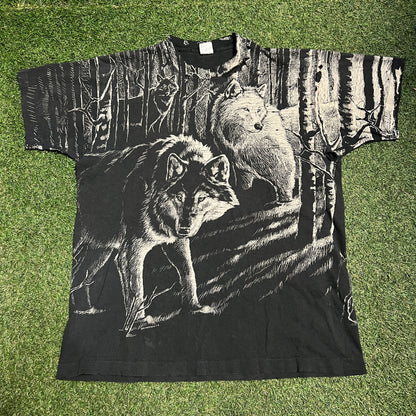 Nature Black AOP Wolves Tee Size XL USED v15354