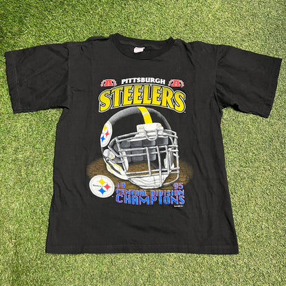 1995 Central Division Champs Pittsburgh Steelers Black Tee Size Large USED v14253