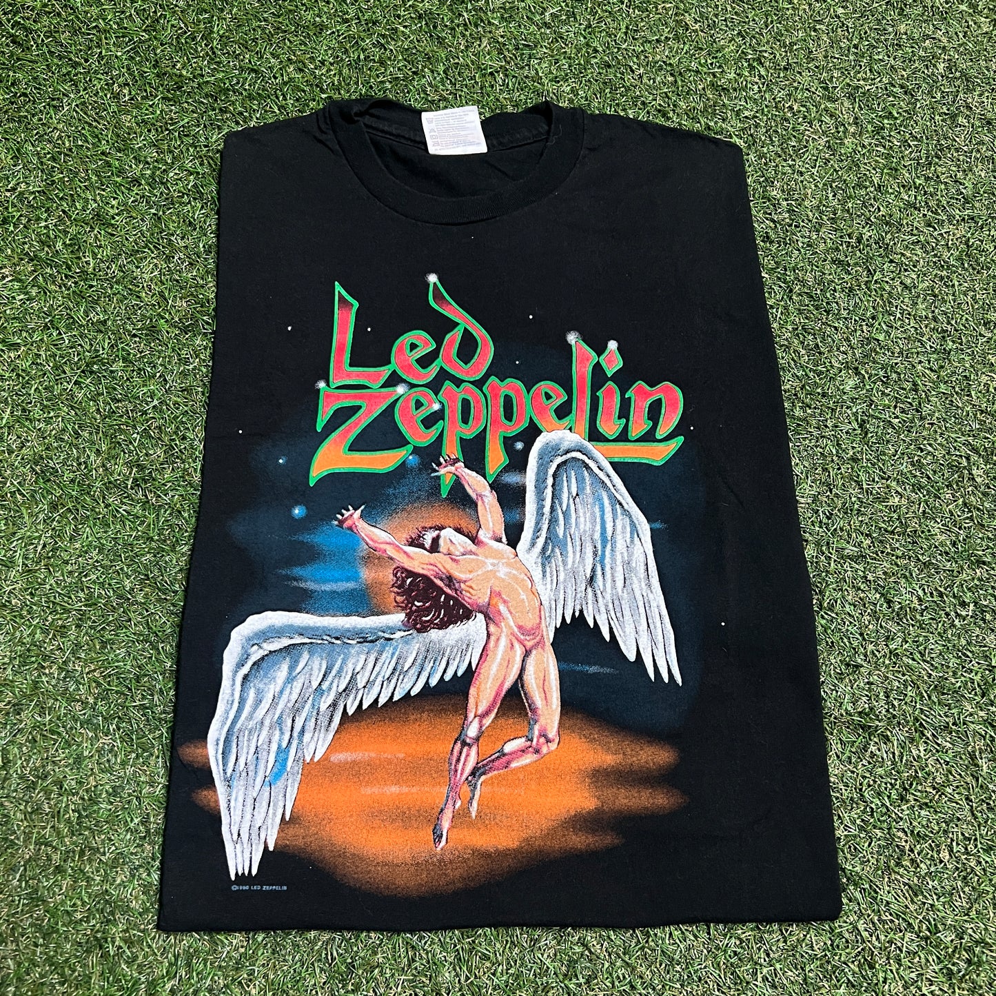 1996 Led Zeppelin Angle Wings Hanes Tag Black Tee Size XL USED v15387