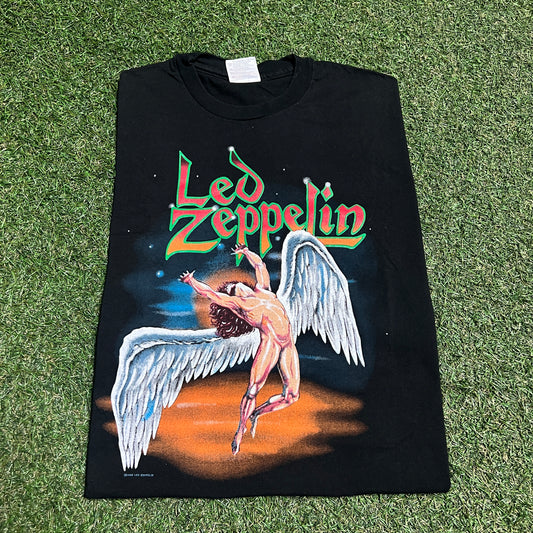 1996 Led Zeppelin Angle Wings Hanes Tag Black Tee Size XL USED v15387