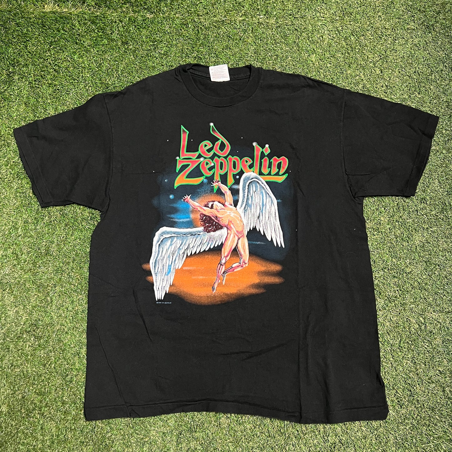 1996 Led Zeppelin Angle Wings Hanes Tag Black Tee Size XL USED v15387