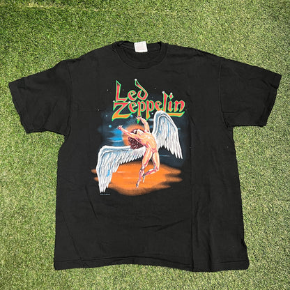 1996 Led Zeppelin Angle Wings Hanes Tag Black Tee Size XL USED v15387