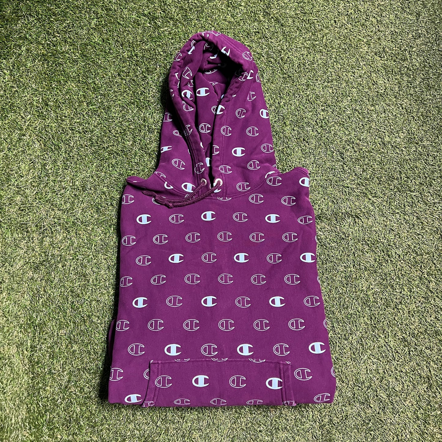 Champion Reverse Weave AOP Logo Purple Hoodie Size Medium USED v14226