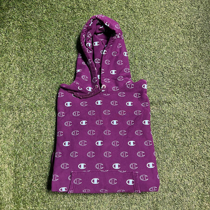 Champion Reverse Weave AOP Logo Purple Hoodie Size Medium USED v14226