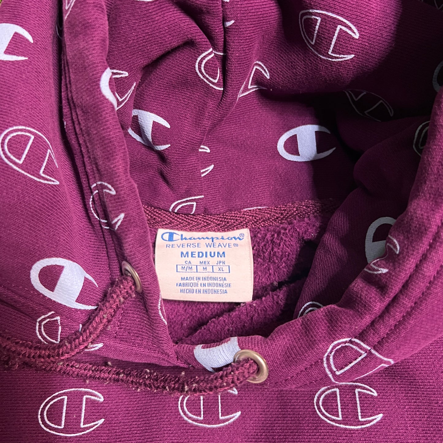 Champion Reverse Weave AOP Logo Purple Hoodie Size Medium USED v14226