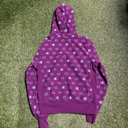 Champion Reverse Weave AOP Logo Purple Hoodie Size Medium USED v14226