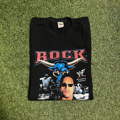 The Rock The Great One Bull 2001 WWF Black Tee Size Large USED v14332