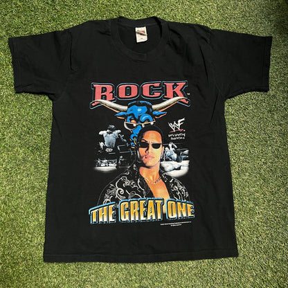 The Rock The Great One Bull 2001 WWF Black Tee Size Large USED v14332