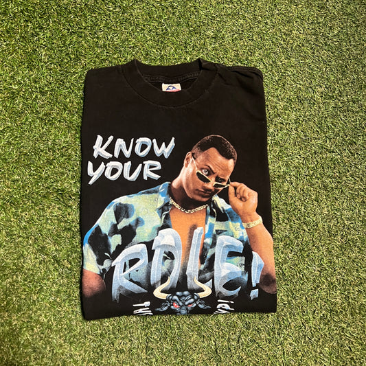 The Rock Know Your Role 1998 WWF Black Tee Size Medium USED v14331