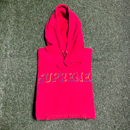 Supreme Red Hoodie Multicolor Embroidered Shadowed Chest Logo Size XL USED x12907