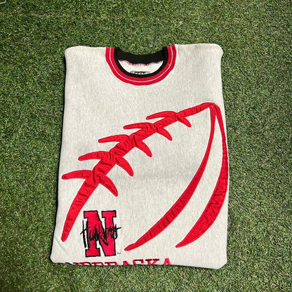 Nebraska Red Football Embroidered Grey Crewneck Size XL USED v14362