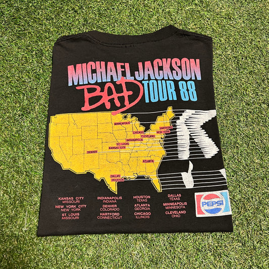 1988 Michael Jackson Bad Tour 88 Black Tee Size Large USED DRY ROT v14356