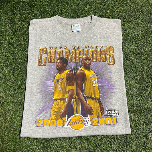 2001 Lakers Back to Back Grey Championship Tee Size XL USED v15458