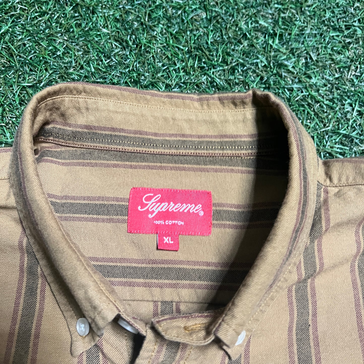 Supreme Tan Striped Button Down Size XL USED X12050