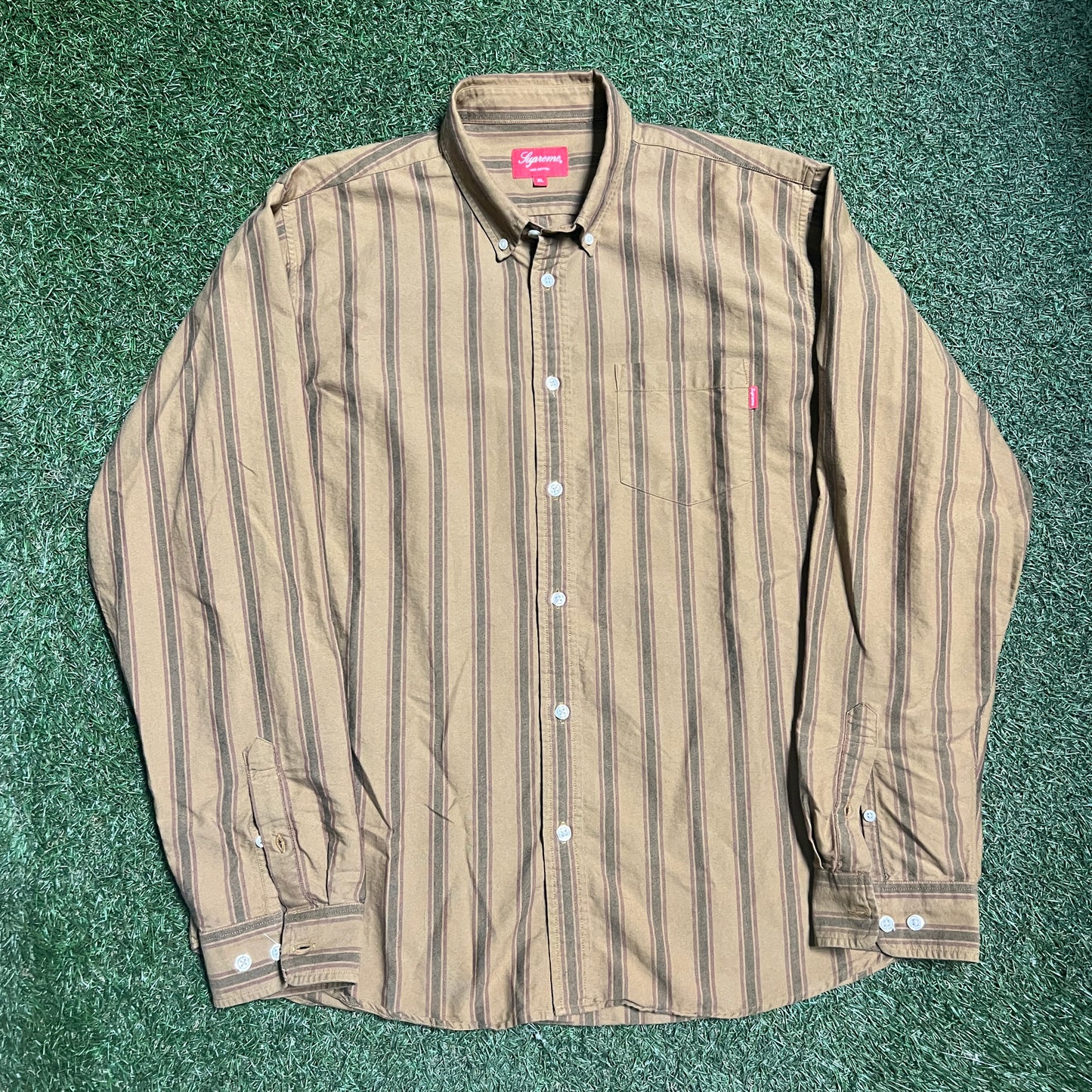 Supreme Tan Striped Button Down Size XL USED X12050