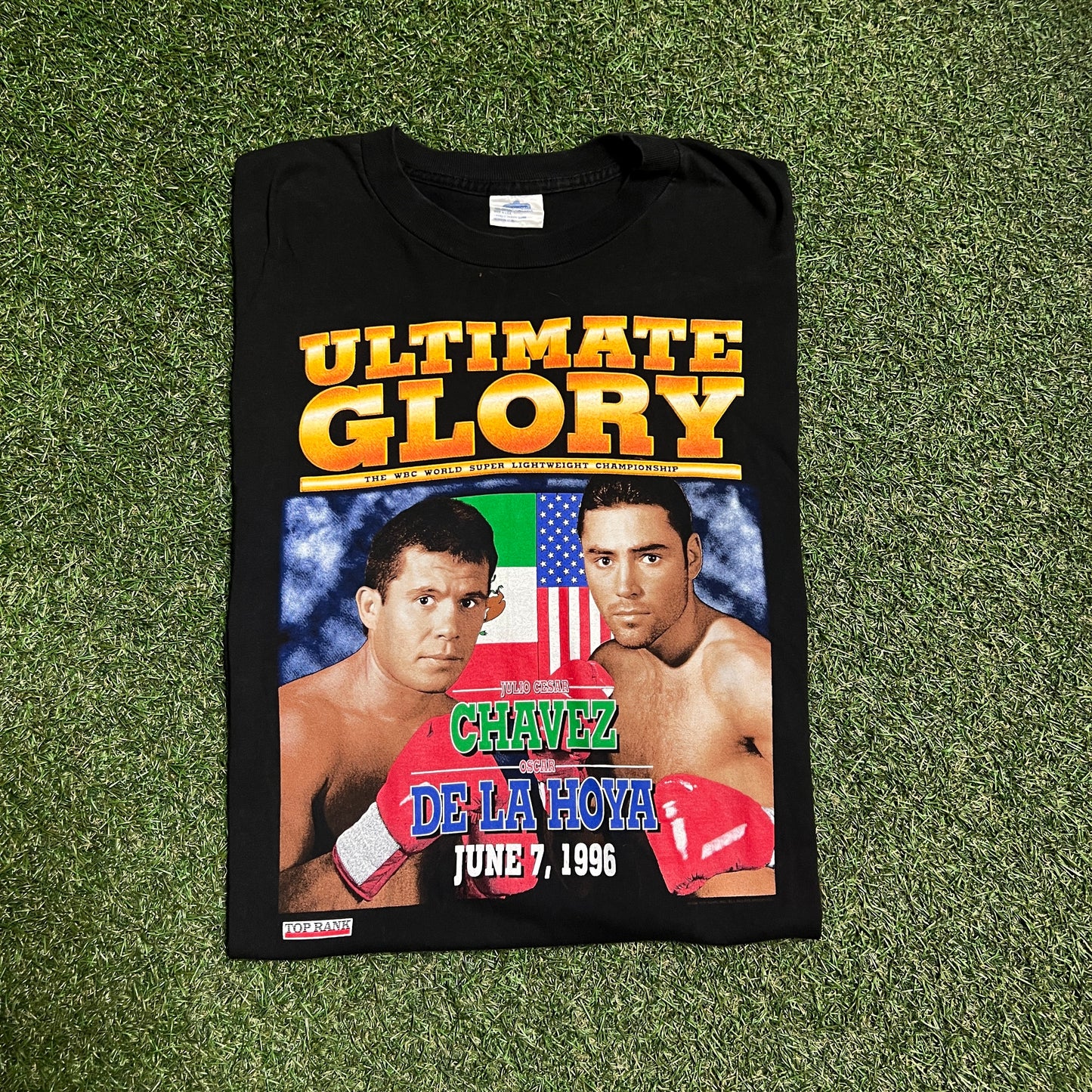 1996 Ultimate Glory De La Hoya Chavez Boxing Black Tee Size XL USED v14379