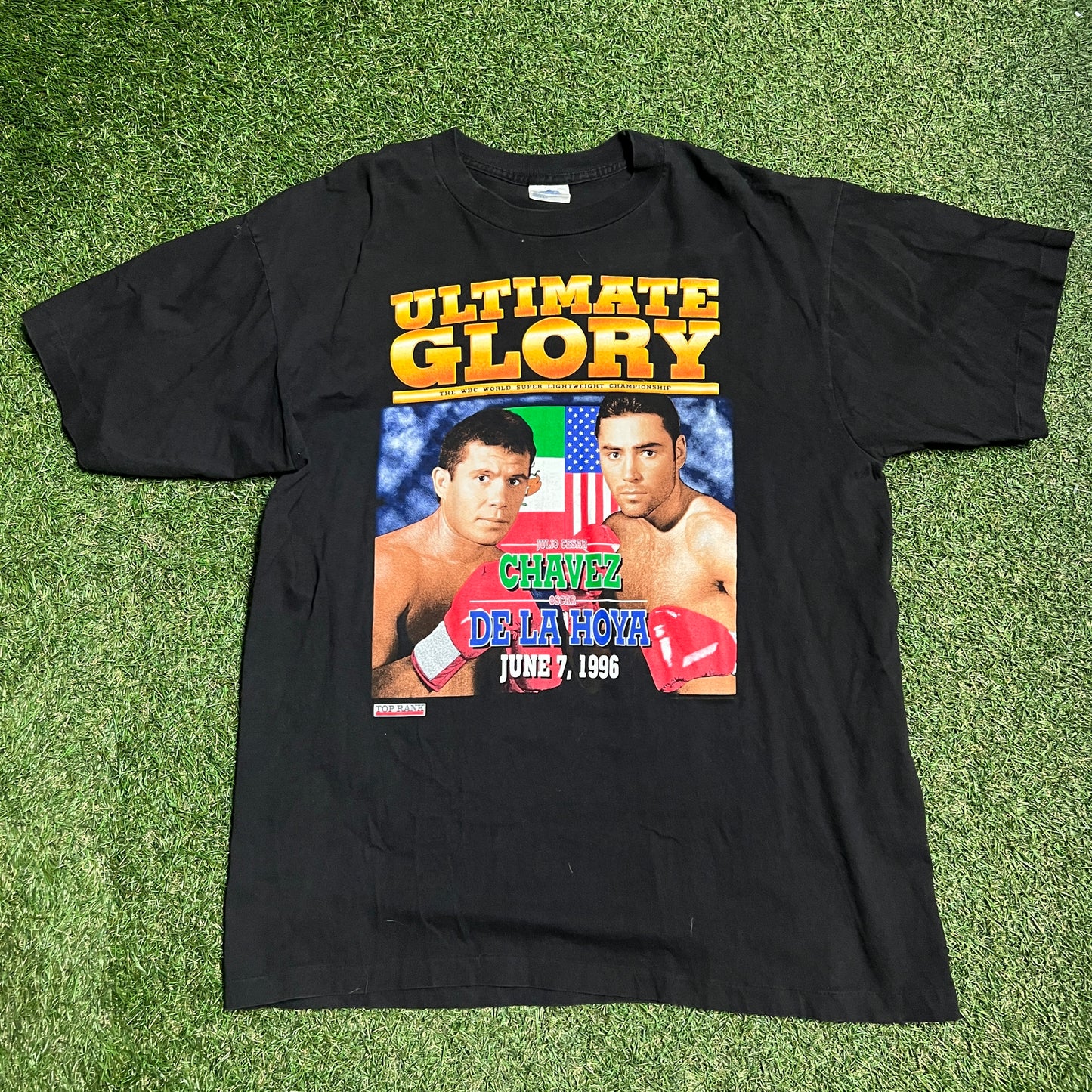 1996 Ultimate Glory De La Hoya Chavez Boxing Black Tee Size XL USED v14379