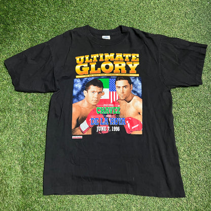 1996 Ultimate Glory De La Hoya Chavez Boxing Black Tee Size XL USED v14379