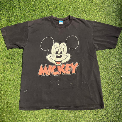 1990s Disney Mickey Mouse Black Tee Size XL USED V14391