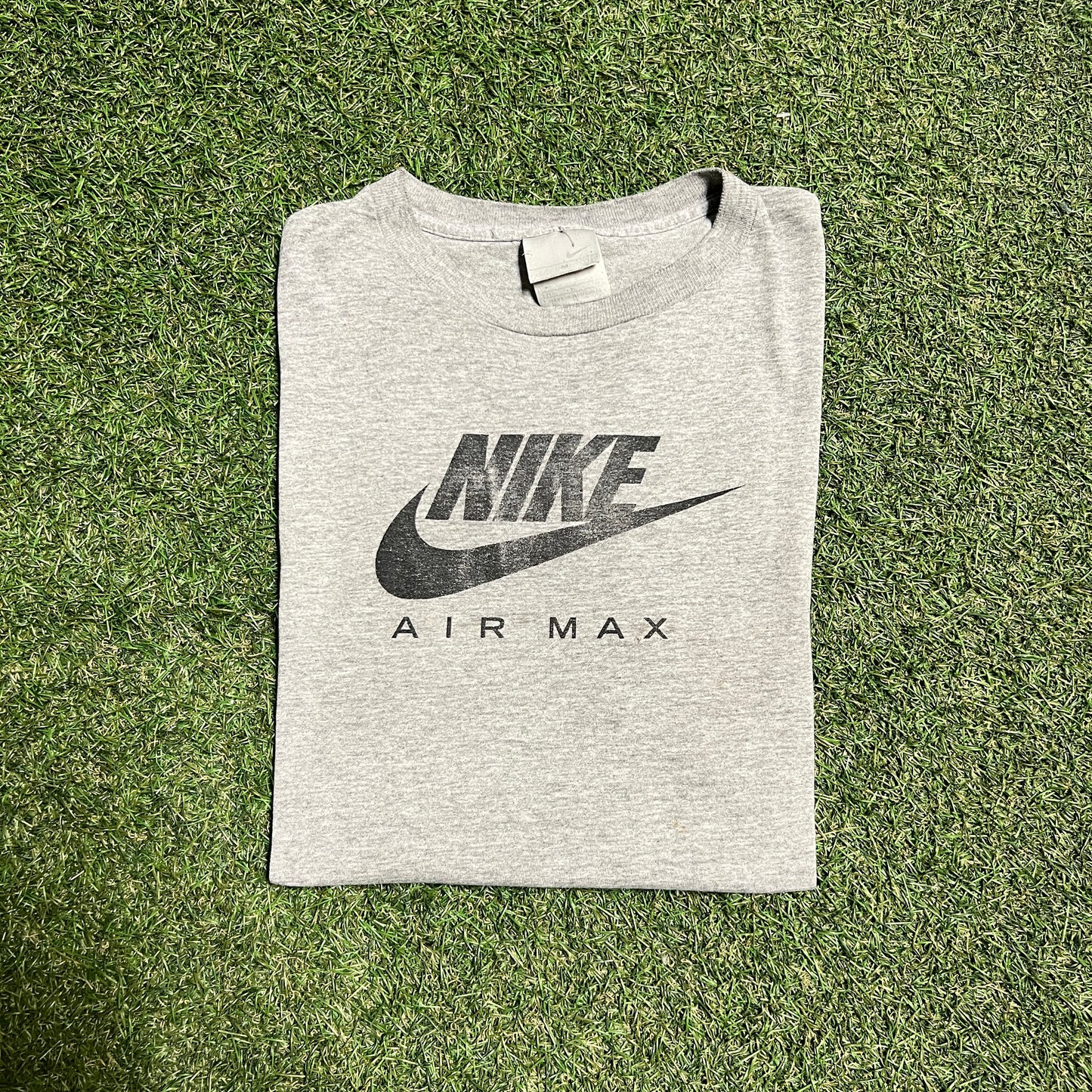 1990s/Y2K Nike Air Max Silver Tag Grey Tee Size Medium USED V14396