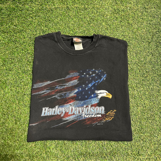 2002 Harley Davidson Freedom American Flag Black Tee Size XL USED v14422