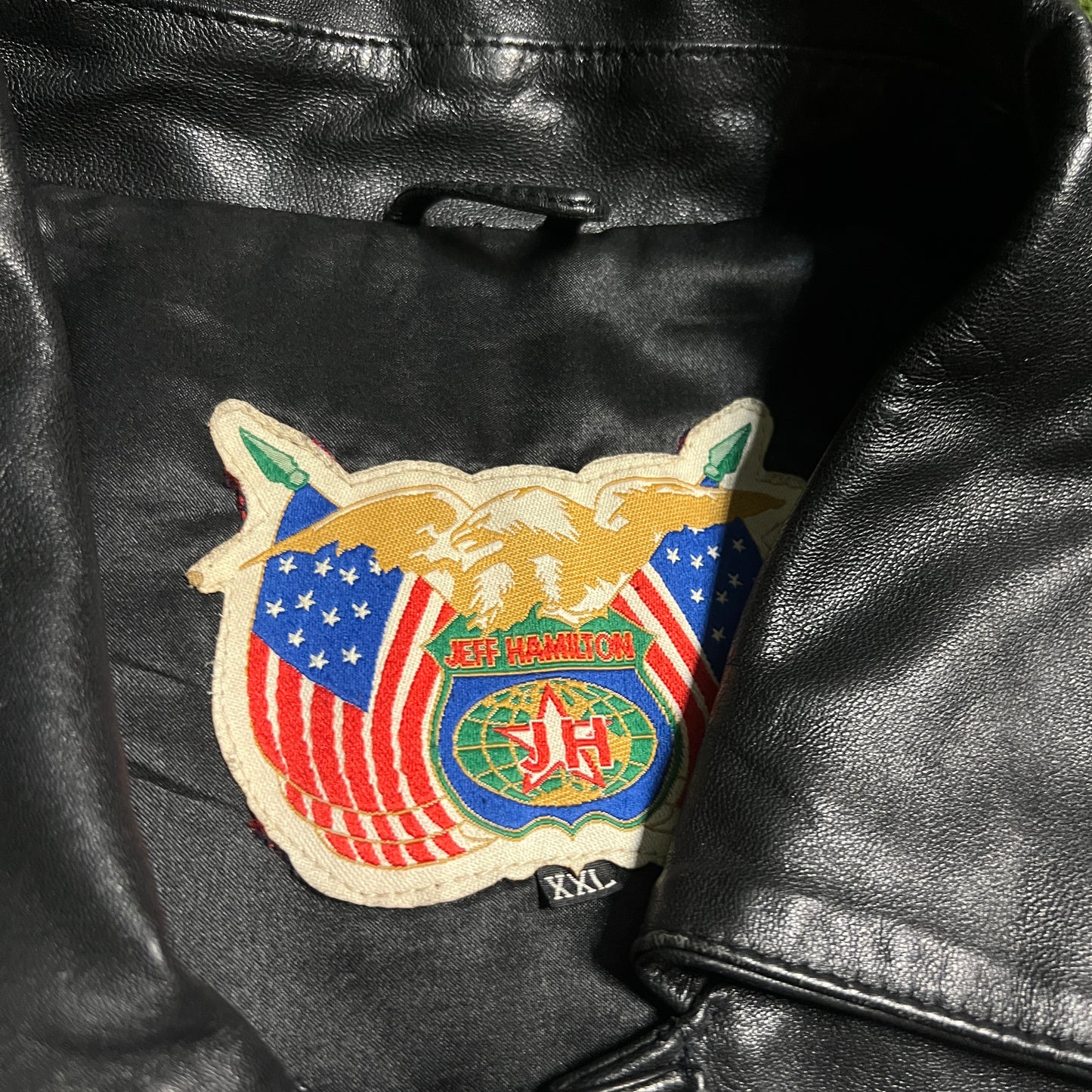 Jeff Hamilton Lakers NBA Champions 1999-2000 Black Leather Jacket Size XXL USED v15513