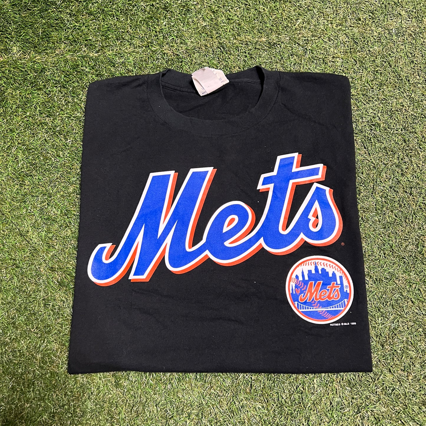 1998 Lee Tag Mets Logo Black Tee Size XXL USED v14421