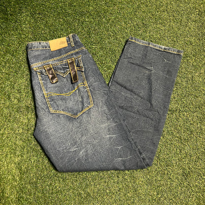 Den Em Jenz Omavi Leather Strap Pockets Blue Jeans Size 38 USED v15552