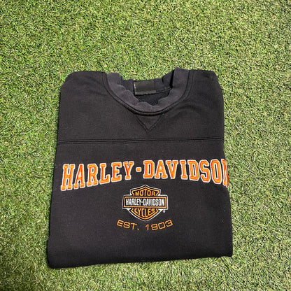 Harley Davidson Kinnel NJ Stitched Logo Black Crewneck Size Medium USED v14471