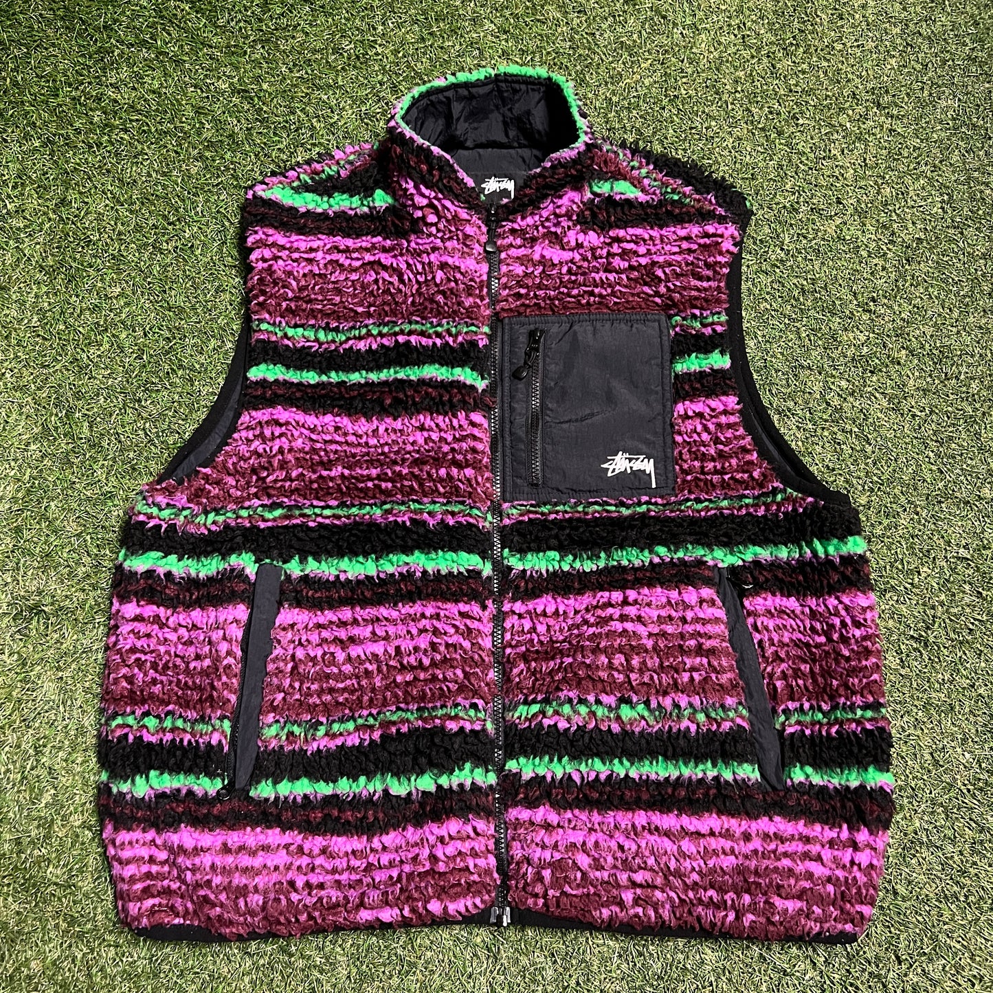 Stussy Striped Grape Sherpa Vest Size Large USED x13060