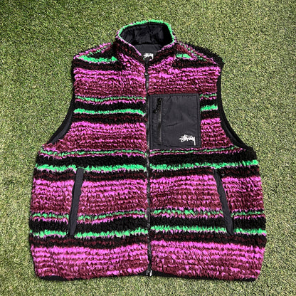 Stussy Striped Grape Sherpa Vest Size Large USED x13060