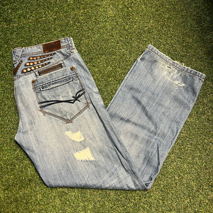 Y2K Seduka Light Wash Blue Jeans Embelished Back Detail Size 38 USED v15583