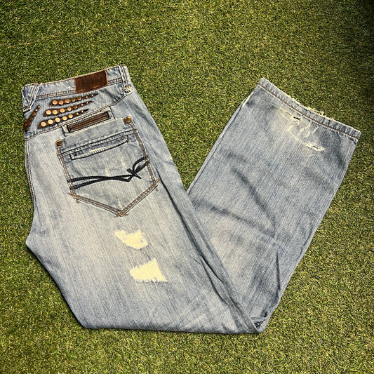 Y2K Seduka Light Wash Blue Jeans Embelished Back Detail Size 38 USED v15583