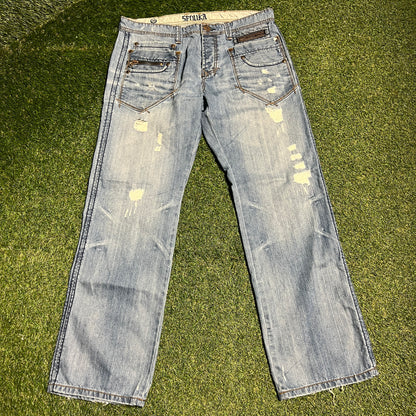 Y2K Seduka Light Wash Blue Jeans Embelished Back Detail Size 38 USED v15583