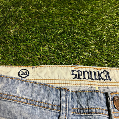 Y2K Seduka Light Wash Blue Jeans Embelished Back Detail Size 38 USED v15583