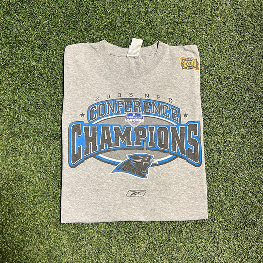 2003 NFC conference champs panthers reebok tee grey Size XL USED v14482