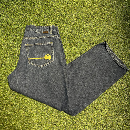 Y2K Mecca Blue Jeans Yellow Ebroidered Logo Pocket Size 36x34 USED v15581