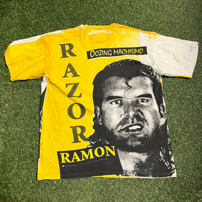 1993 Razor Ramon WWF Full Print Tee Yellow Size XL USED v14496