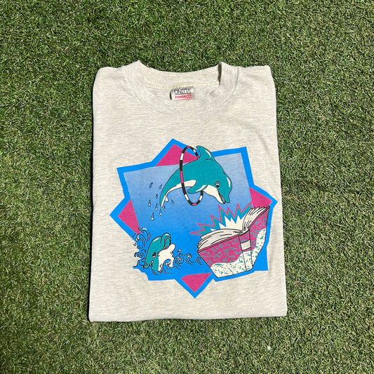 1990s Dolphin Tricks Tee Grey Size XL USED v14571