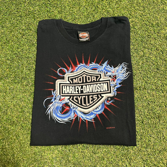 2005 Harley Davidson Blue Dragons Ontario Canada Black Tee Size Large USED v15615