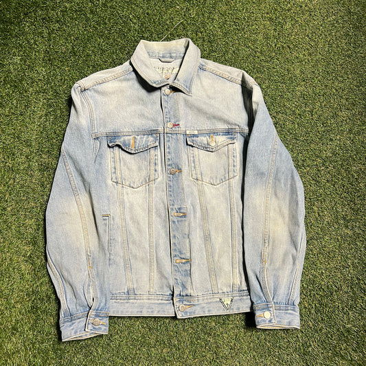 2000s Guess Red Outlined Back Logo Denim Jacket Size Small USED v15617
