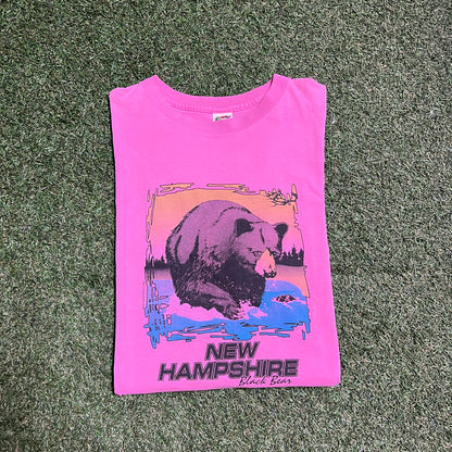 Y2K New Hampshire Black Bear Tee Pink Size XL USED v14569