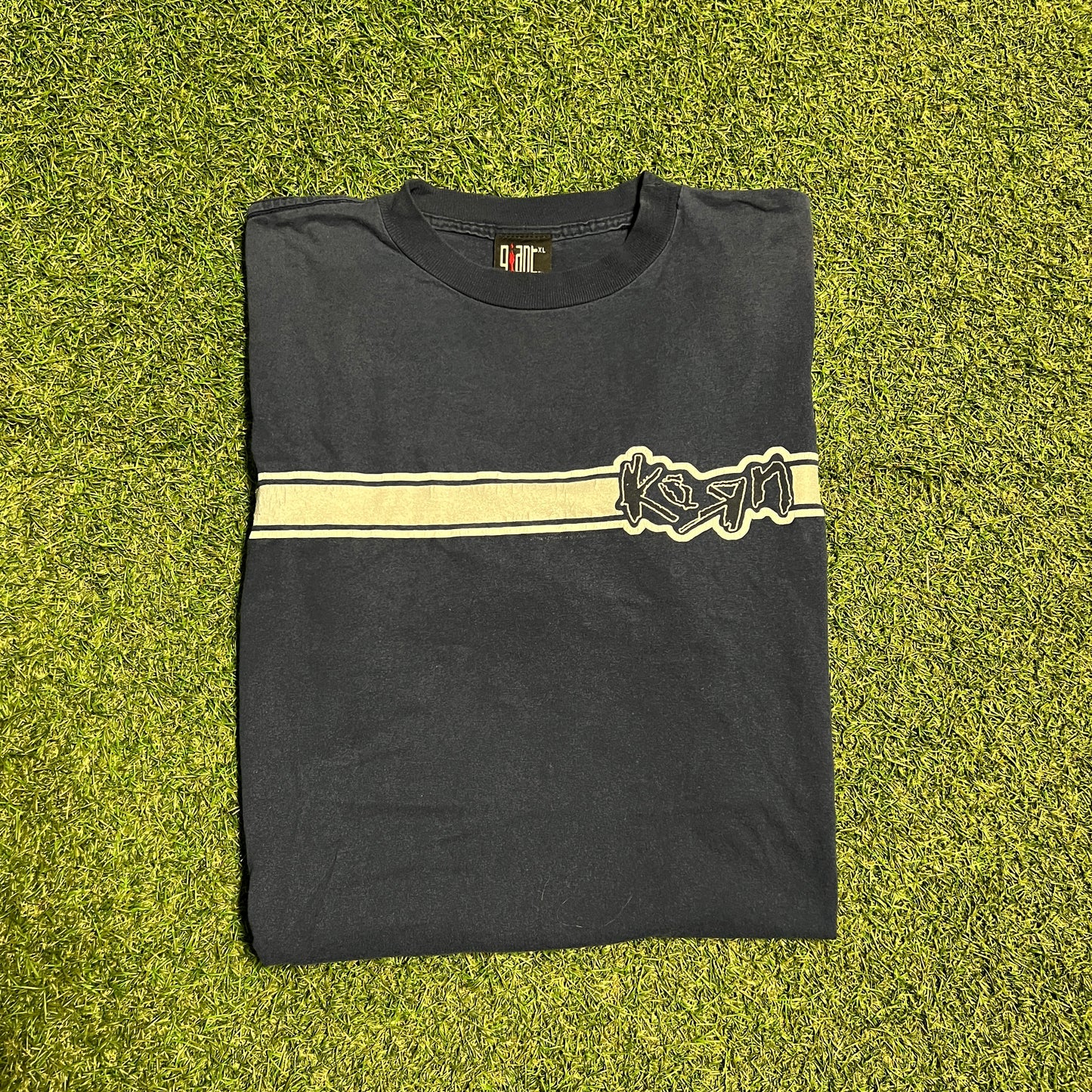 1990s Korn Silver Stripe Navy Tee Size XL USED v15621