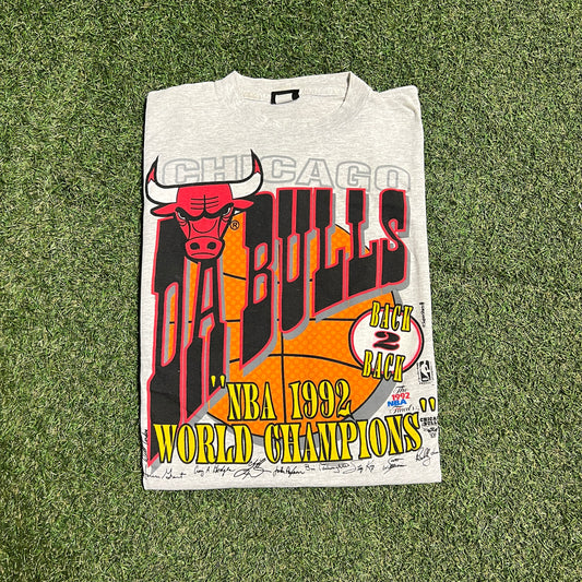 1992 Bulls Back to Back Champs Changes Tag Grey Tee Size XL USED v15648