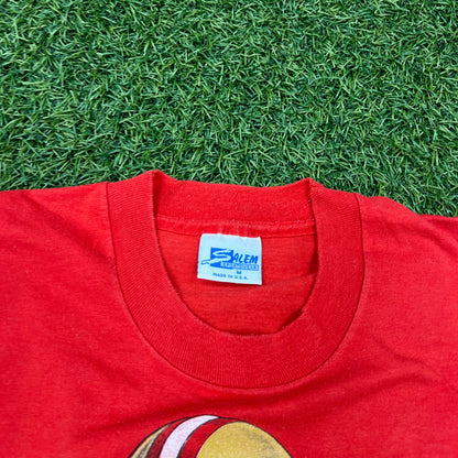 1987 Joe Montana San Franciso Cartoon Head Red Tee Size Medium USED v14617