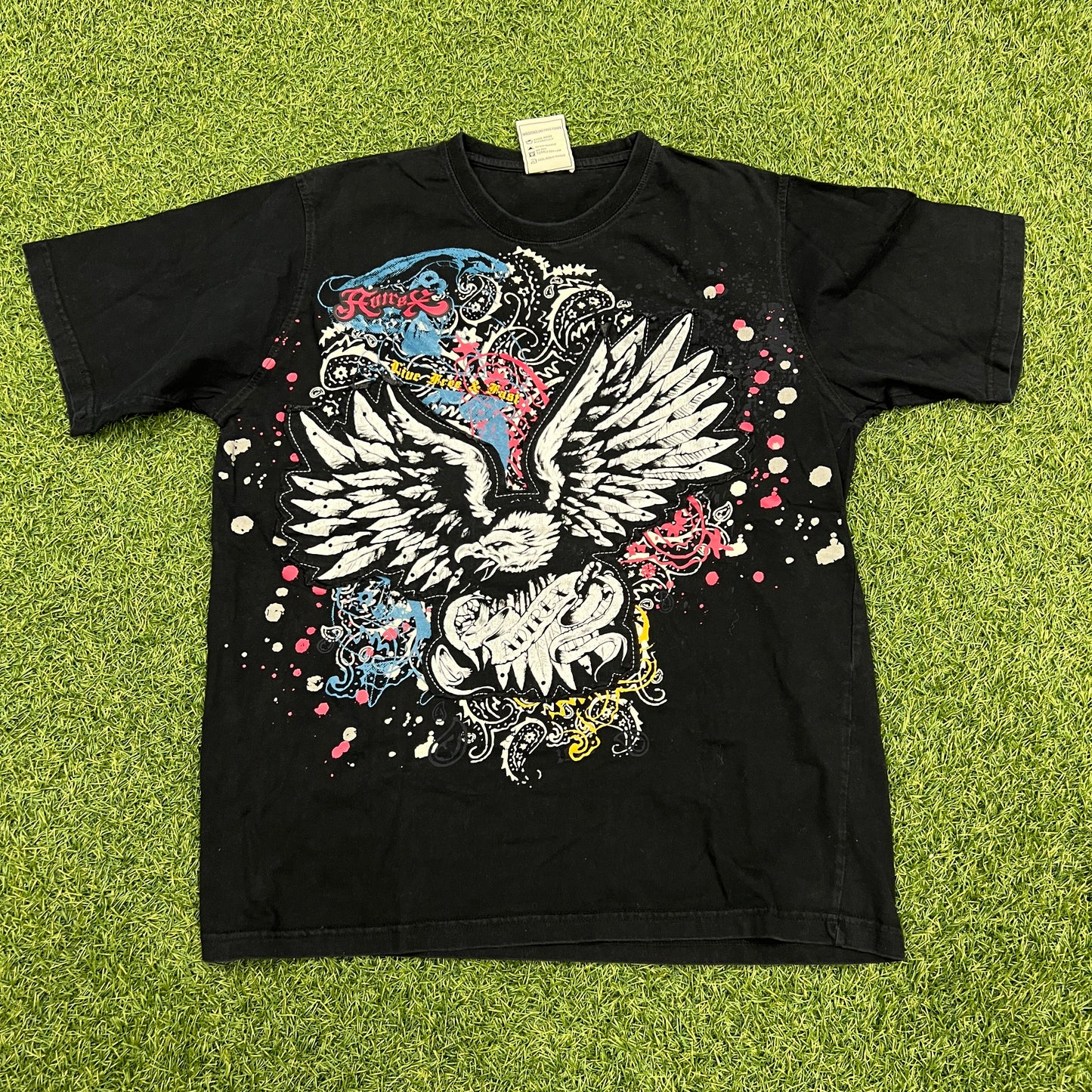 Avirex Y2K Eagle Front Patch Black Tee Size XL USED v14613
