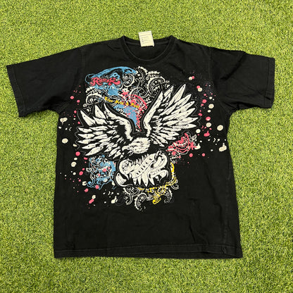 Avirex Y2K Eagle Front Patch Black Tee Size XL USED v14613
