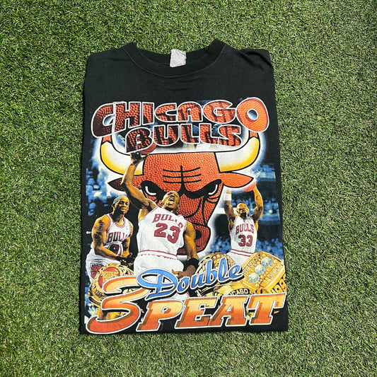 Vintage Chicago Bulls Double Three Peat Dynasty Tee black Size Large USED v13940
